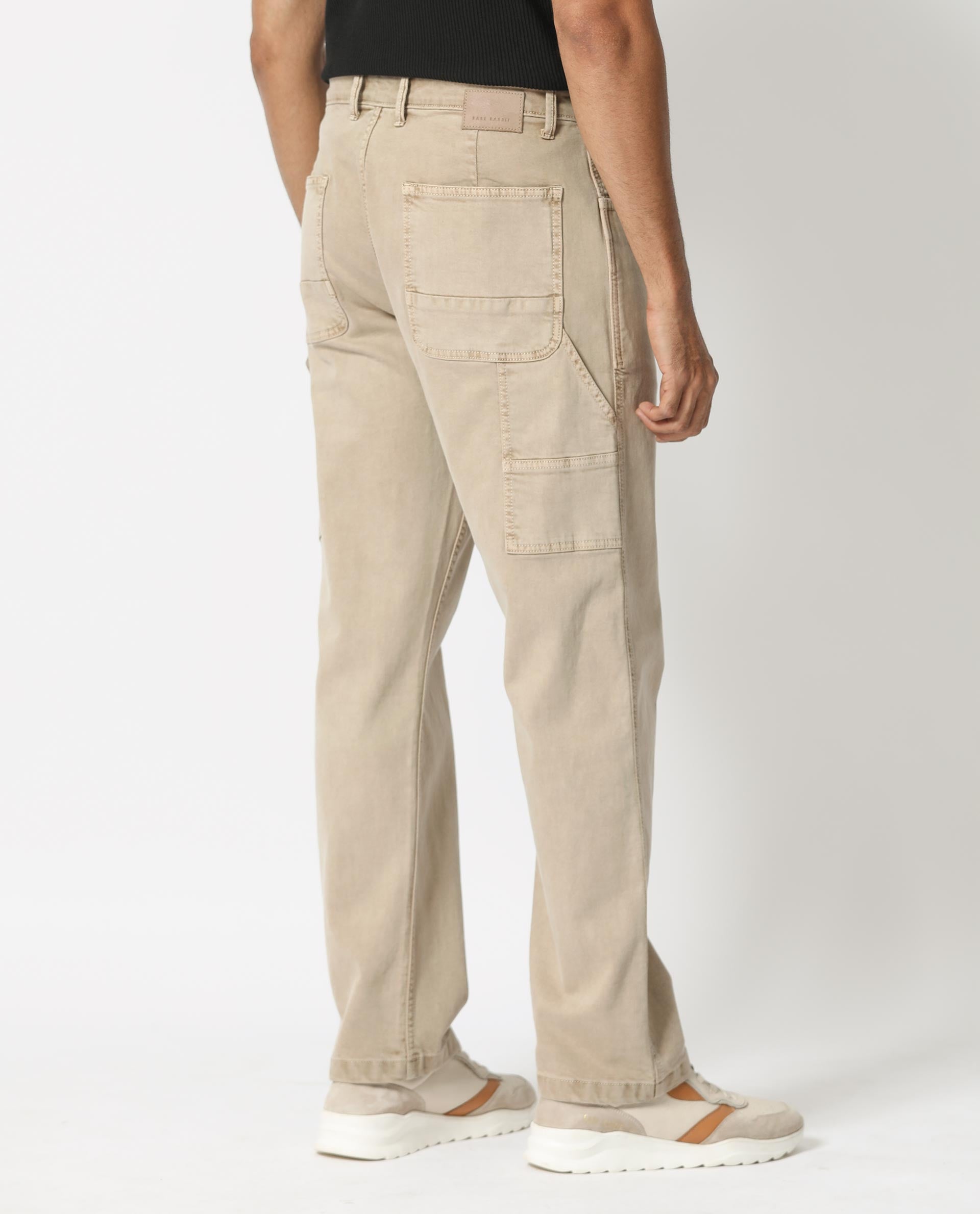 Rare Rabbit Men's Vannes Beige Cotton Plain Carpenter Fit Jeans