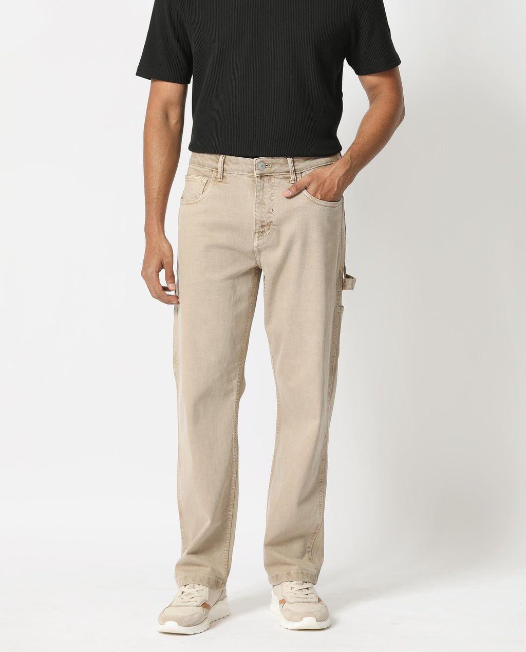 Rare Rabbit Men's Vannes Beige Cotton Plain Carpenter Fit Jeans