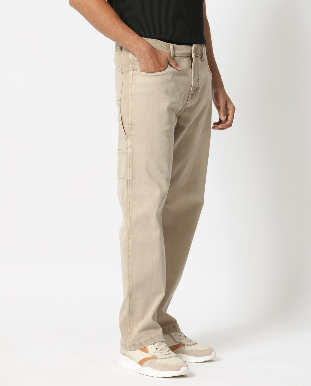 Rare Rabbit Men's Vannes Beige Cotton Plain Carpenter Fit Jeans