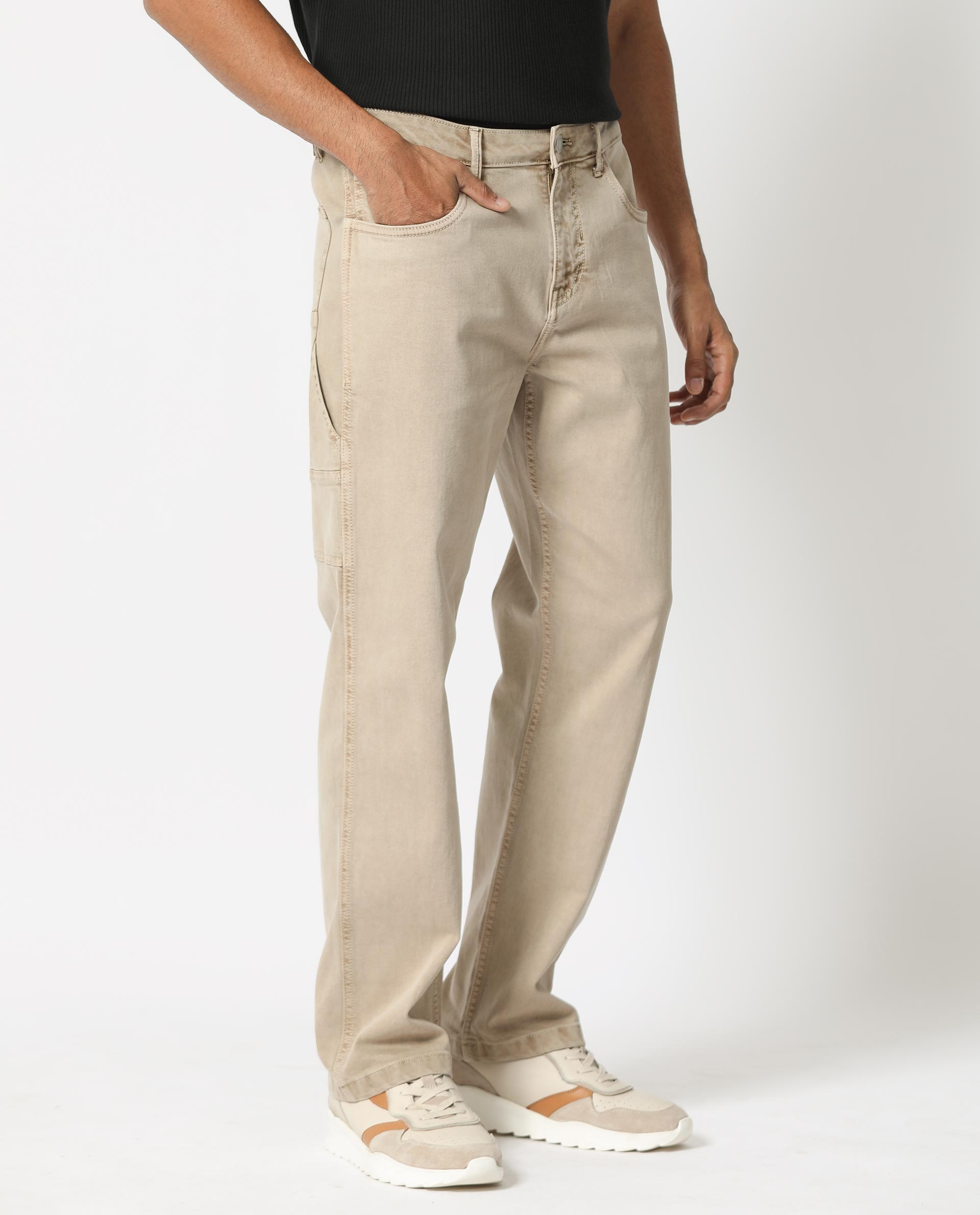 Rare Rabbit Men's Vannes Beige Cotton Plain Carpenter Fit Jeans
