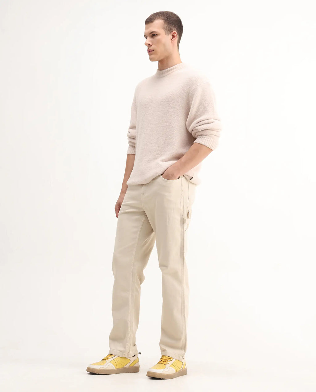 Rare Rabbit Men's Vannes Off White Cotton Plain Carpenter Fit Jeans