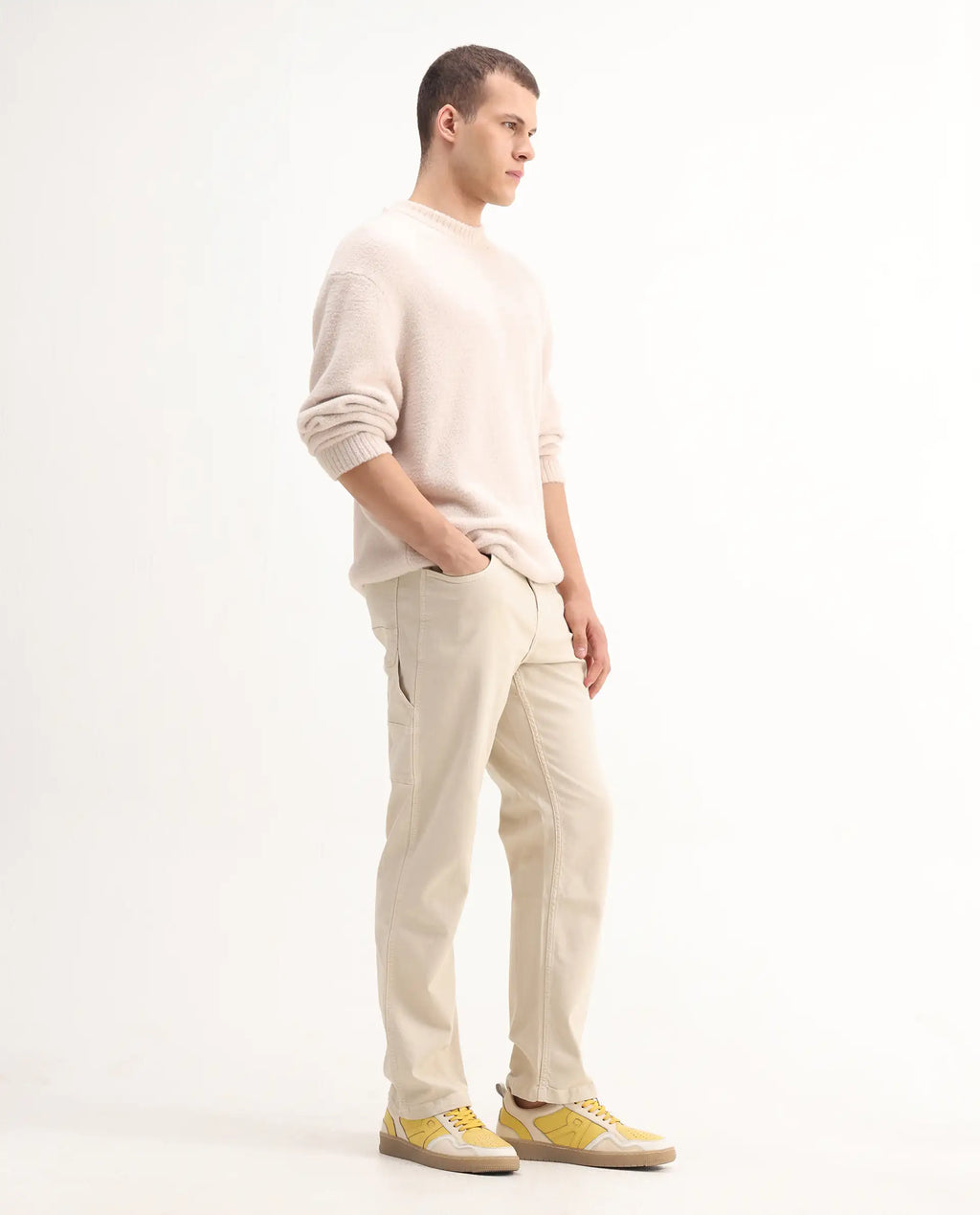 Rare Rabbit Men's Vannes Off White Cotton Plain Carpenter Fit Jeans