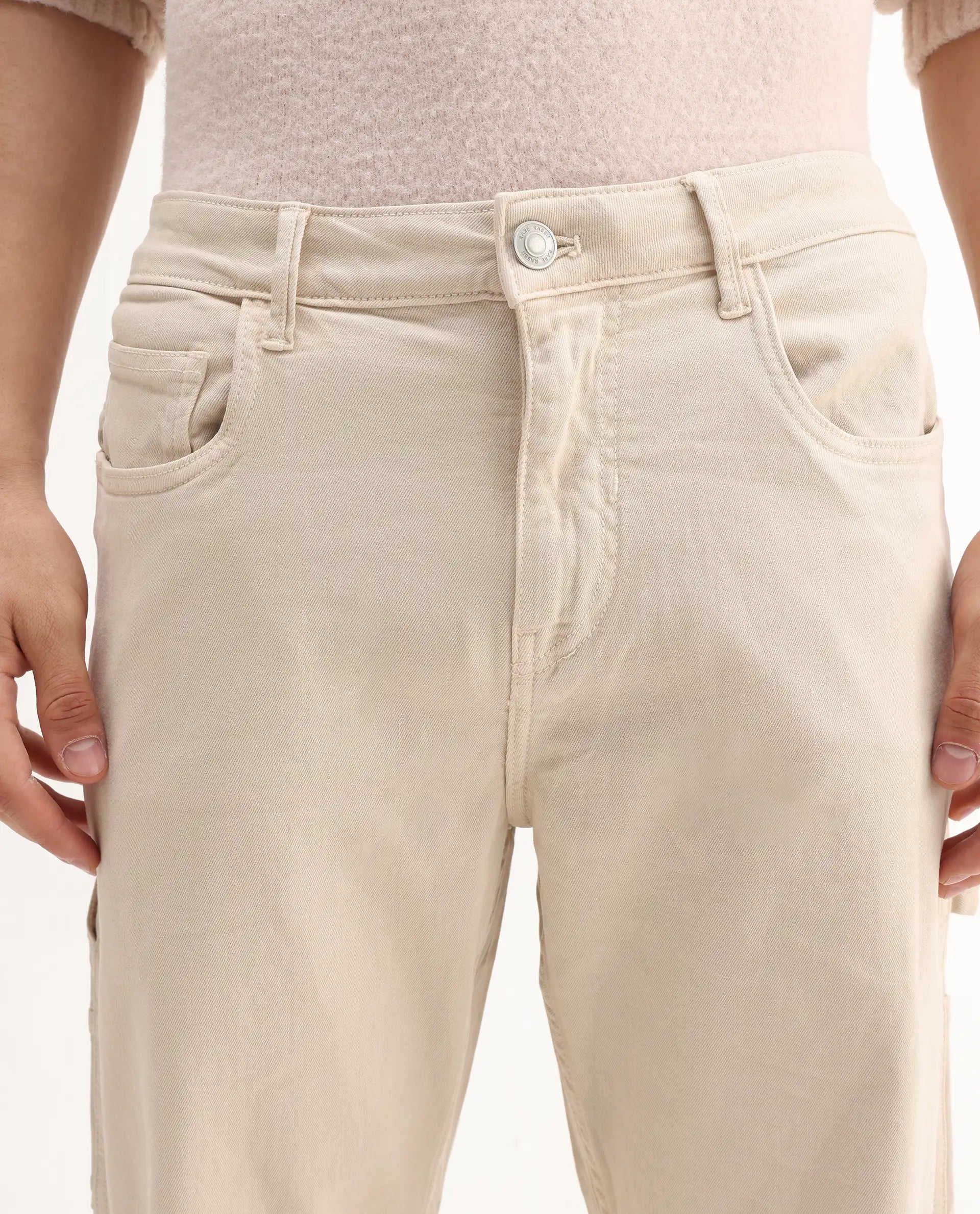 Rare Rabbit Men's Vannes Off White Cotton Plain Carpenter Fit Jeans