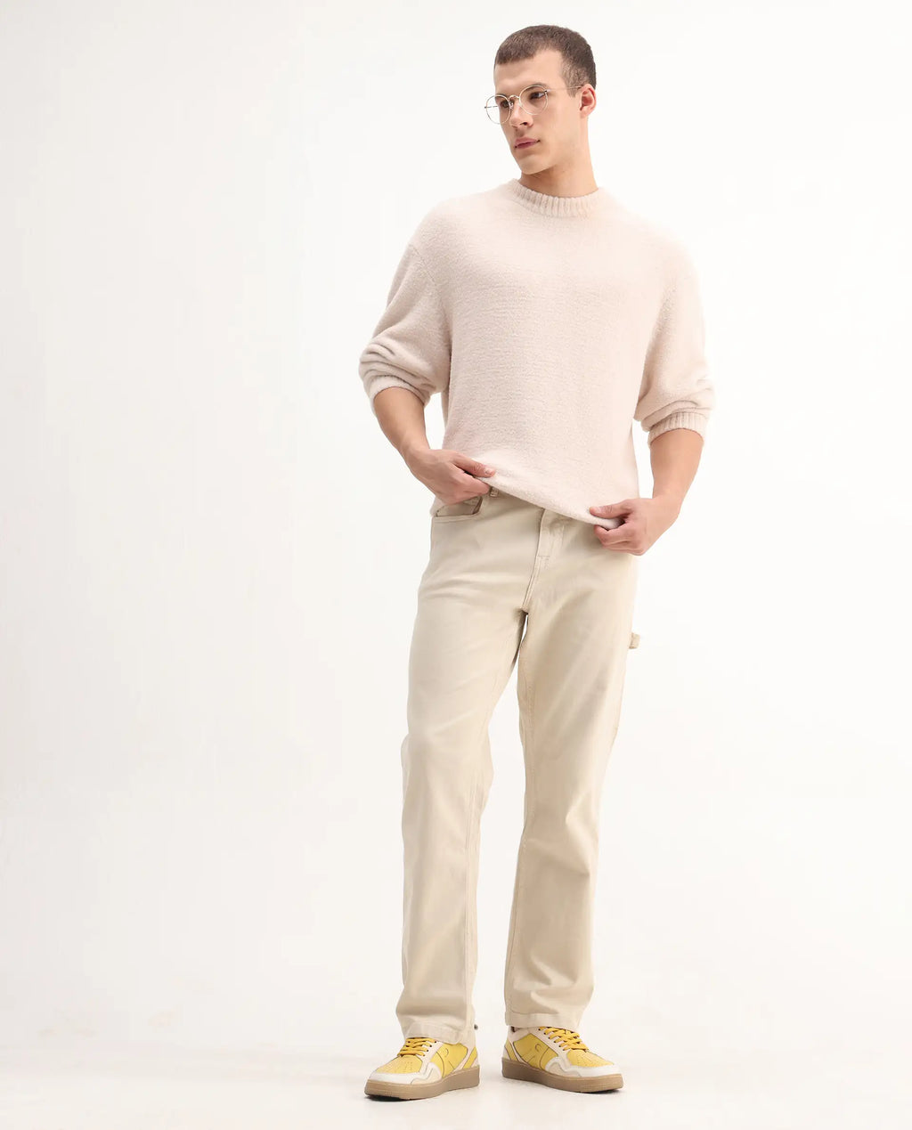 Rare Rabbit Men's Vannes Off White Cotton Plain Carpenter Fit Jeans