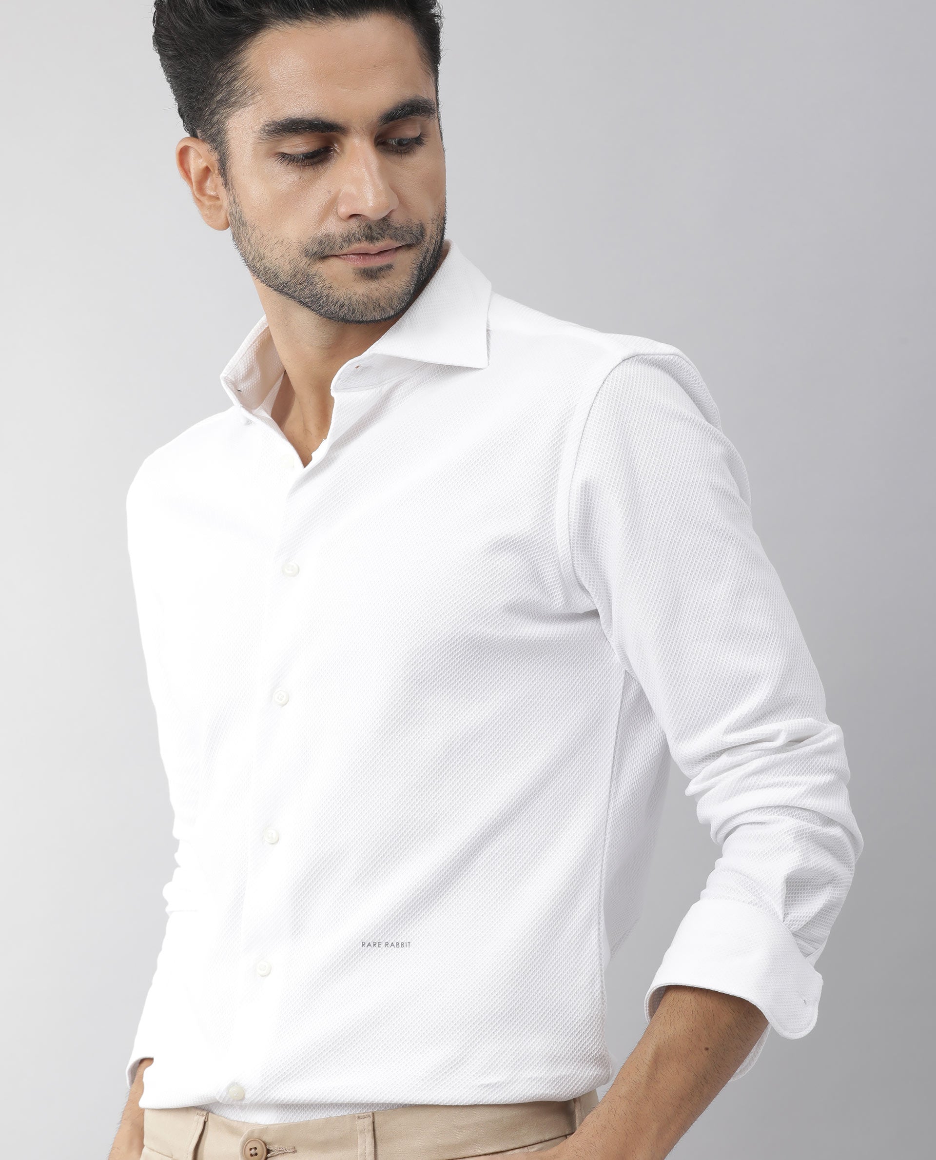 Rare Rabbit Men's Venezya White Cotton Plain Regular Fit Full Sleeve Spread Collar Shirt