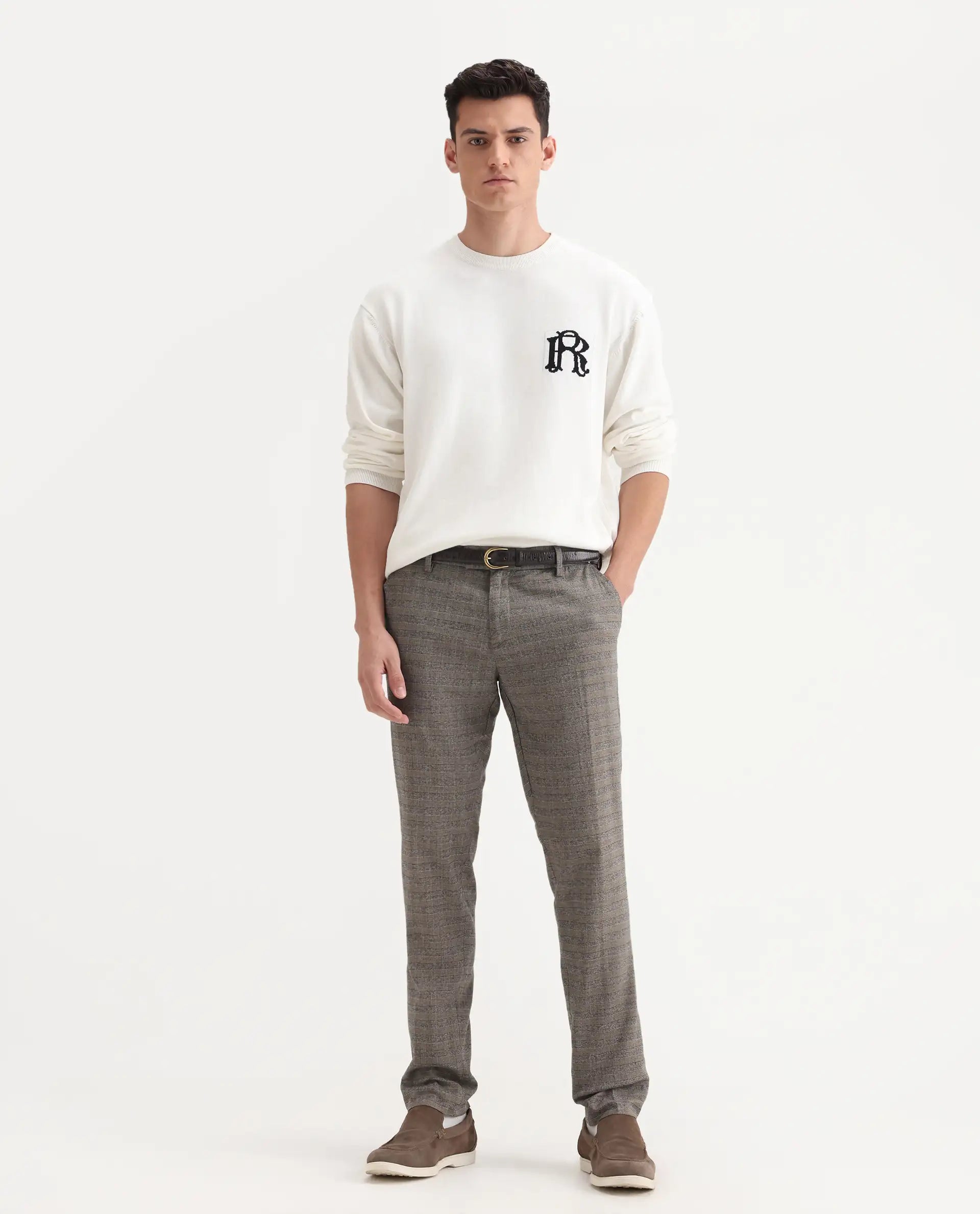 Rare Rabbit Men's Vertex Grey Polyester Checked Print Regular Fit Trouser