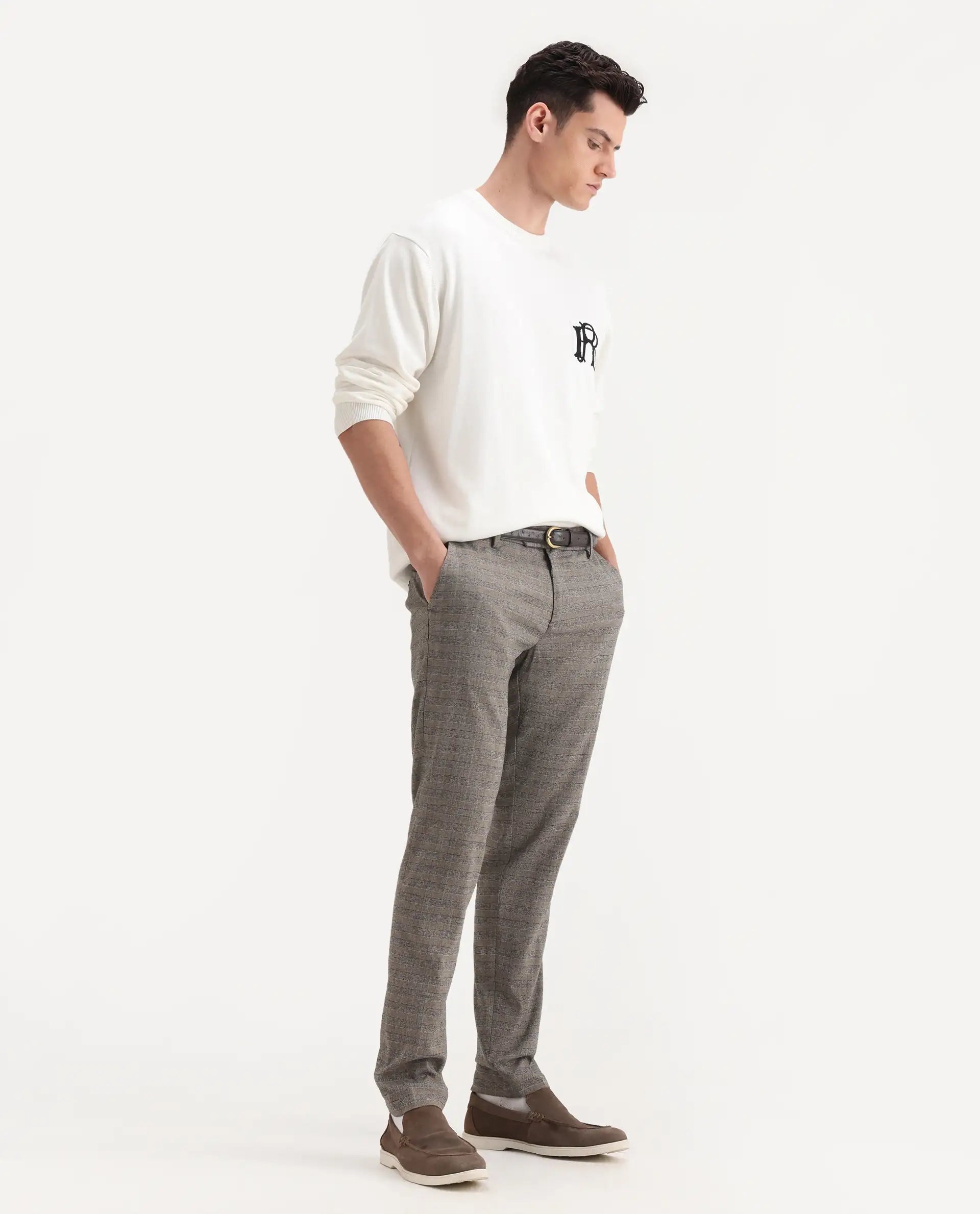 Rare Rabbit Men's Vertex Grey Polyester Checked Print Regular Fit Trouser