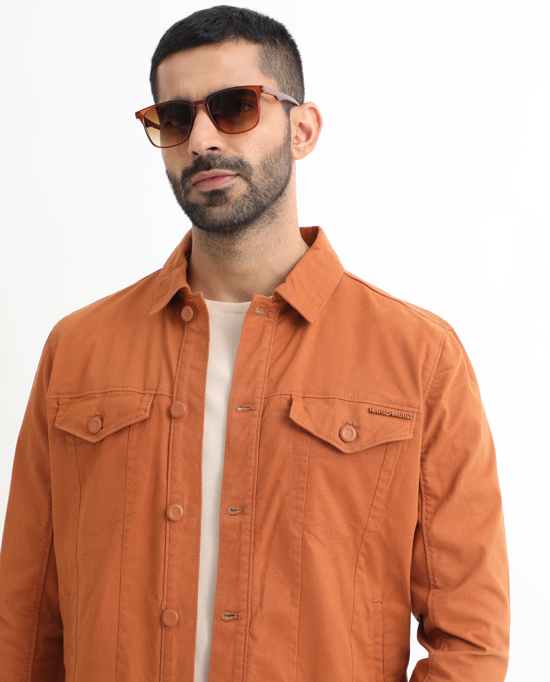Rare Rabbit Men's Vintago Dark Rust Cotton Plain Regular Fit Full Sleeve Spread Collar Jacket