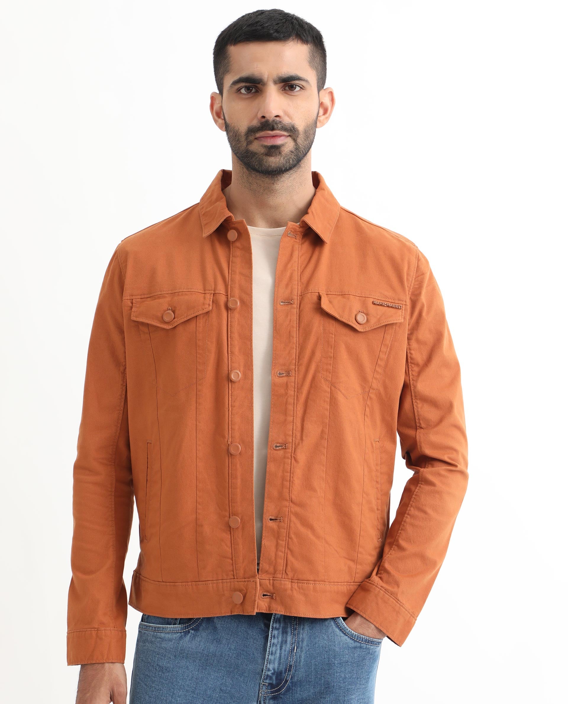 Rare Rabbit Men's Vintago Dark Rust Cotton Plain Regular Fit Full Sleeve Spread Collar Jacket