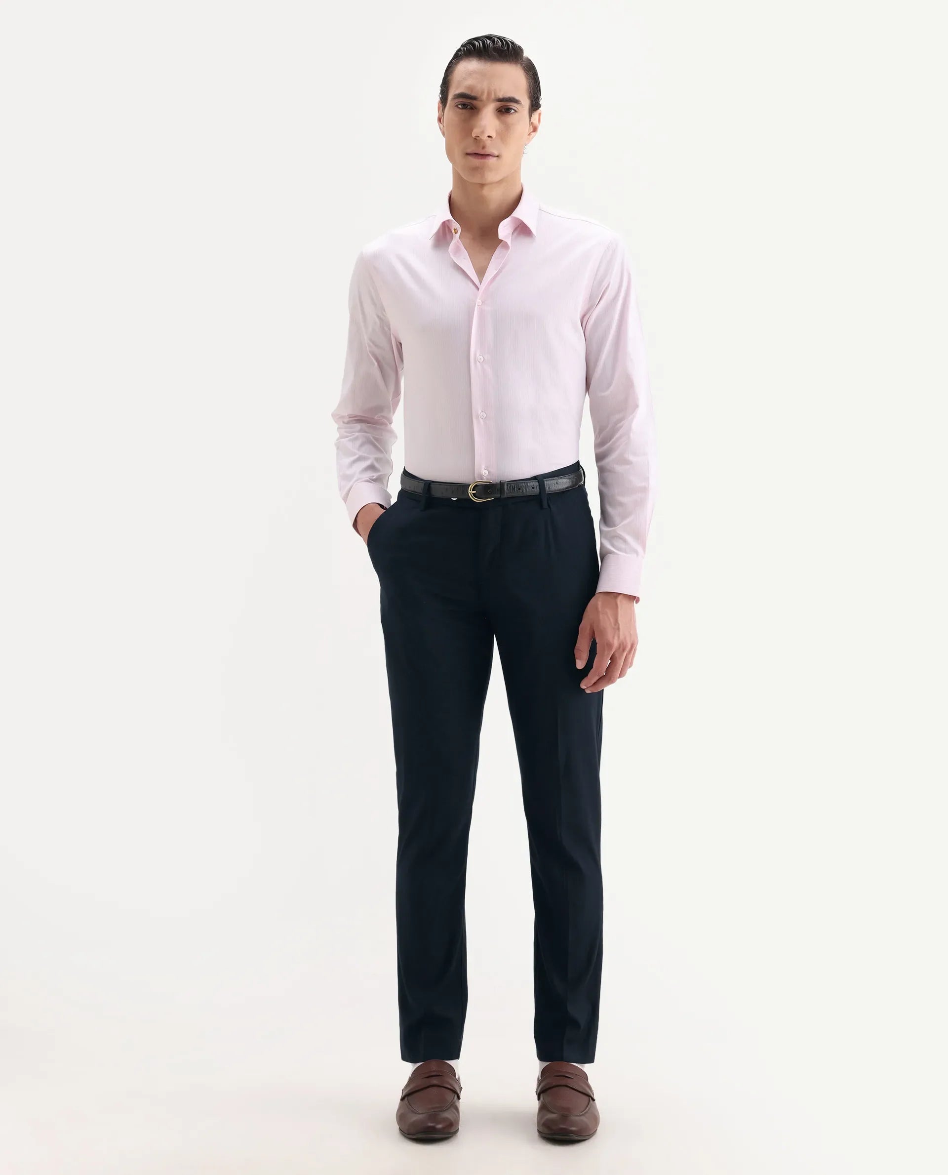 Rare Rabbit Men's Vitaro Navy Polyester Plain Regular Fit Trouser