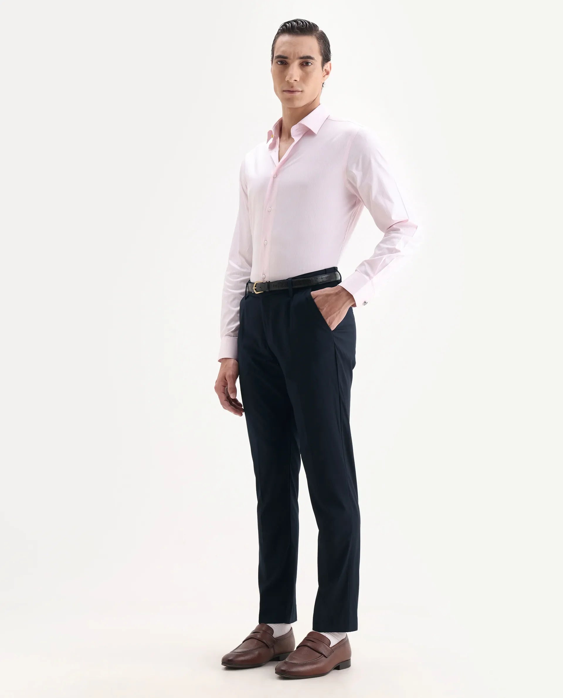 Rare Rabbit Men's Vitaro Navy Polyester Plain Regular Fit Trouser