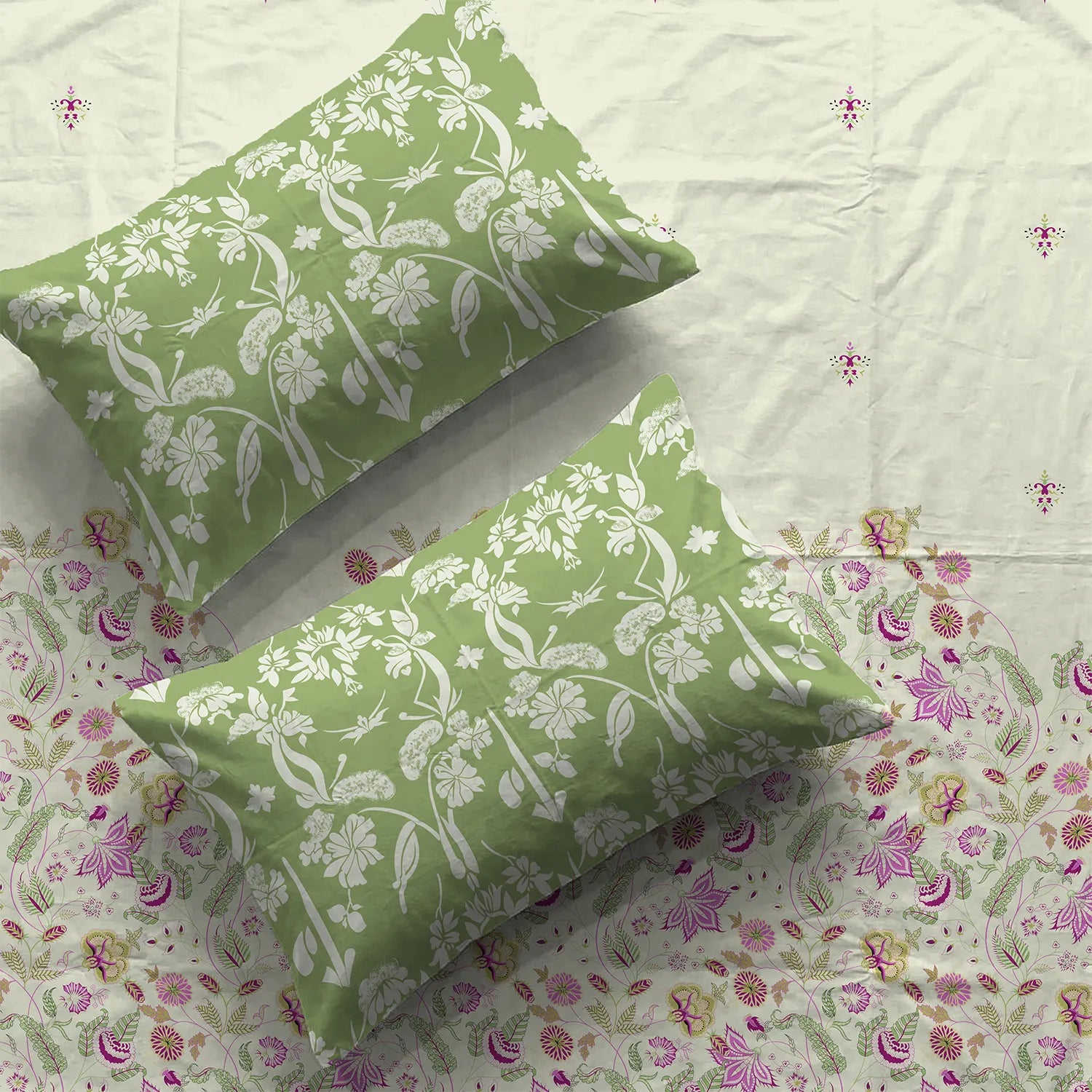 Serene 200 TC 100% Cotton Bedsheet with Pillow Covers - Vine Gardens Sage Green