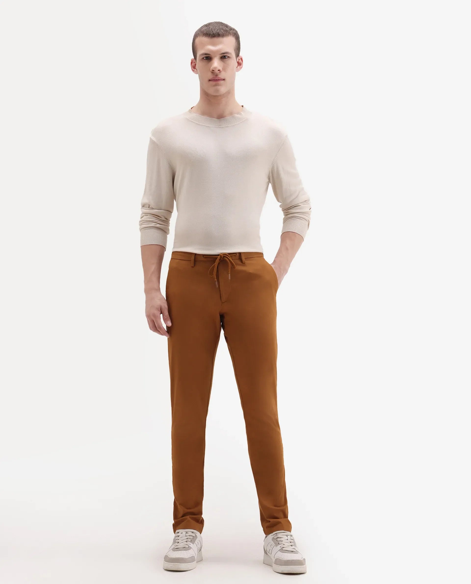 Rare Rabbit Men's Water Orange Cotton Plain Slim Fit Trouser