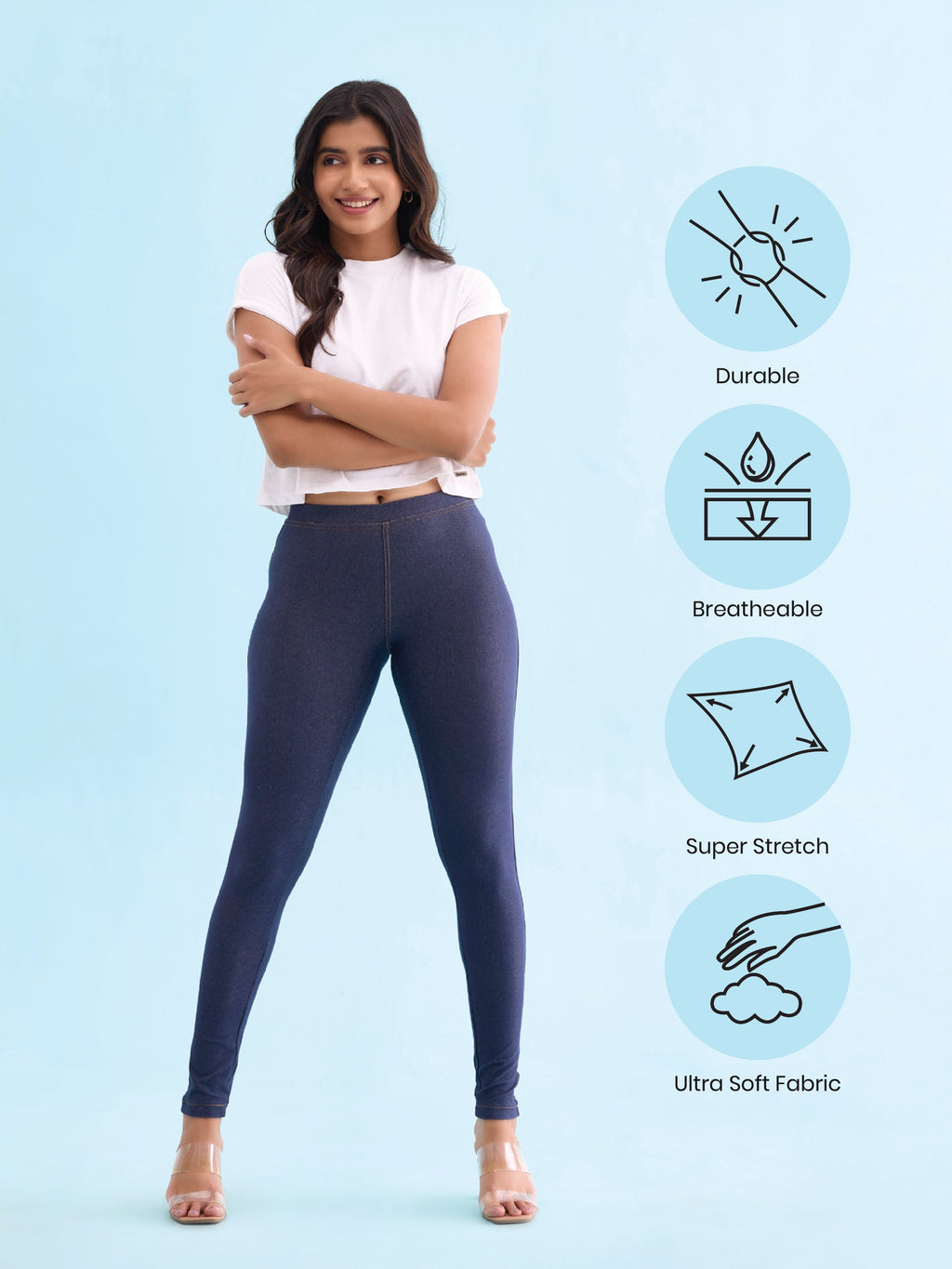Blue Cotton Poly Stretch Knit Jeggings