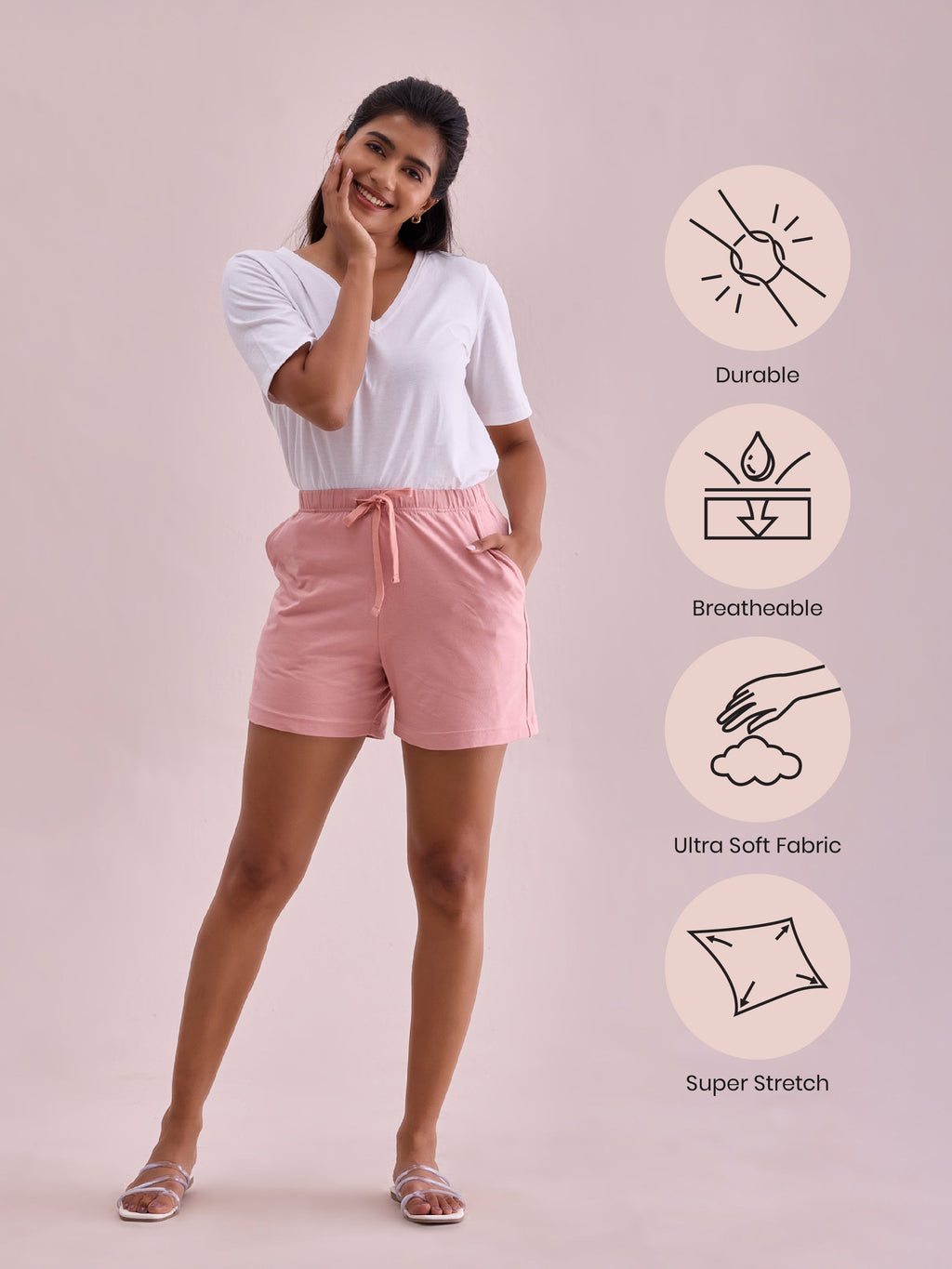 Baby Pink Cotton Stretch Casual Shorts