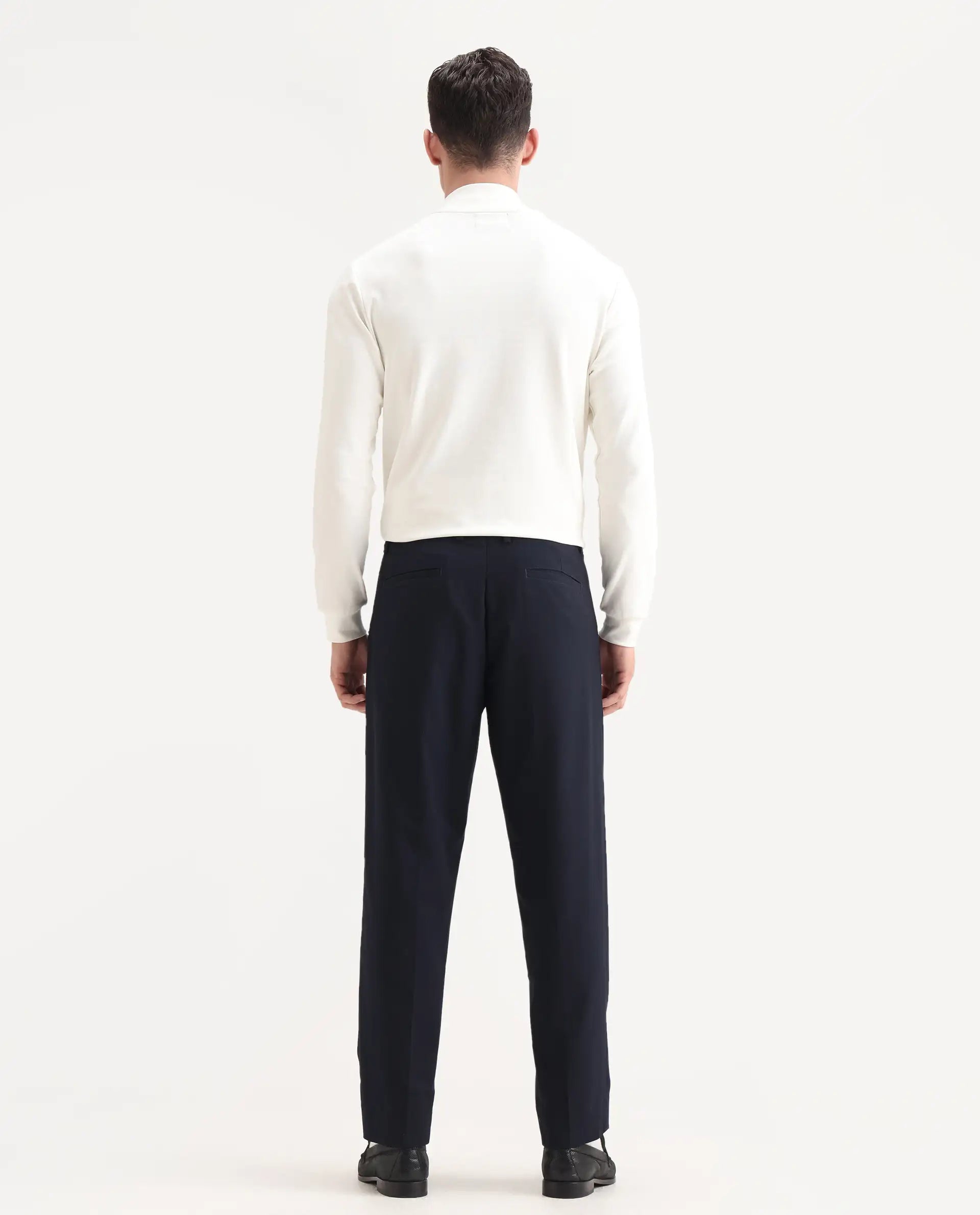 Rare Rabbit Men's Windsor Navy Cotton Plain Relaxed Fit Trouser