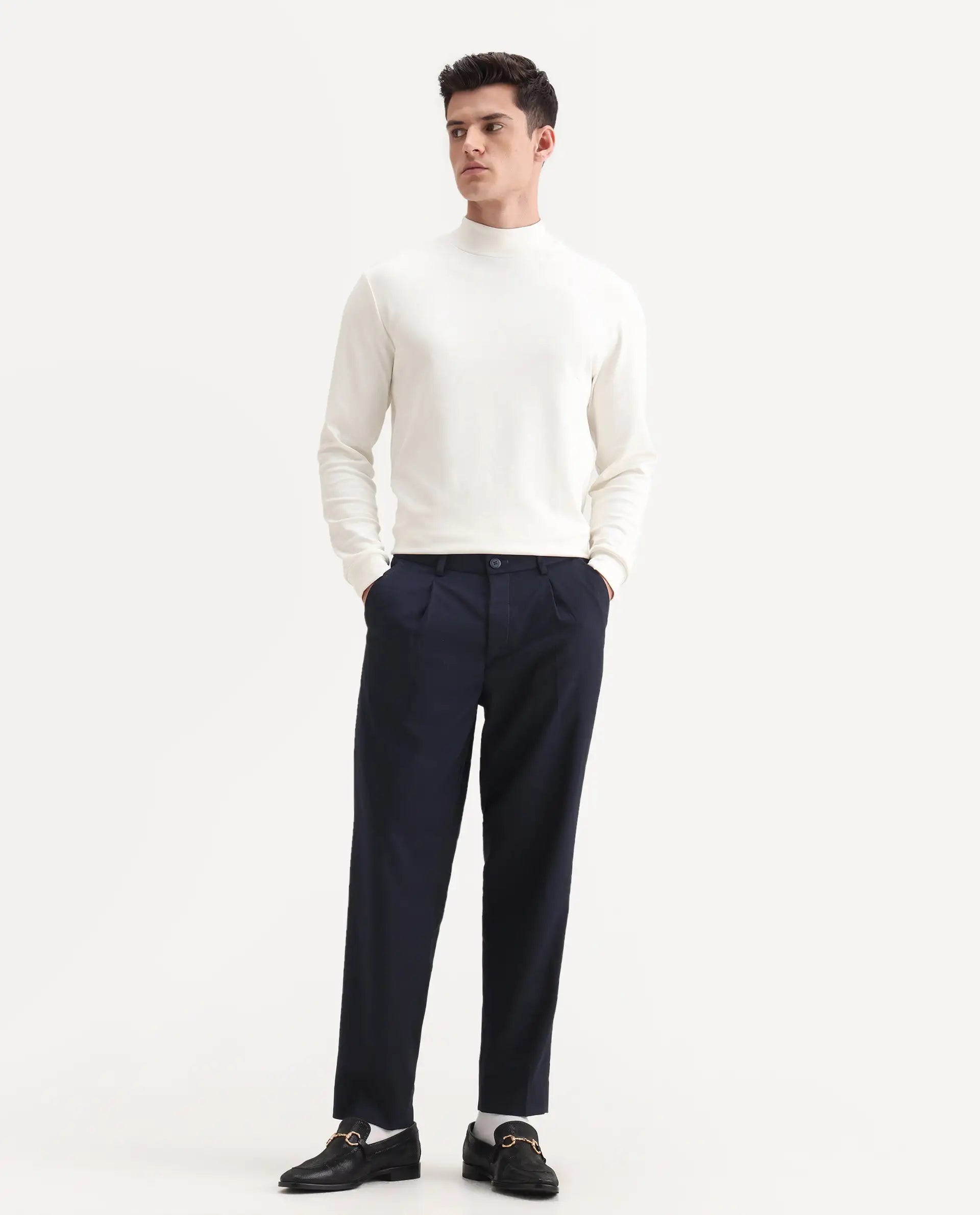Rare Rabbit Men's Windsor Navy Cotton Plain Relaxed Fit Trouser