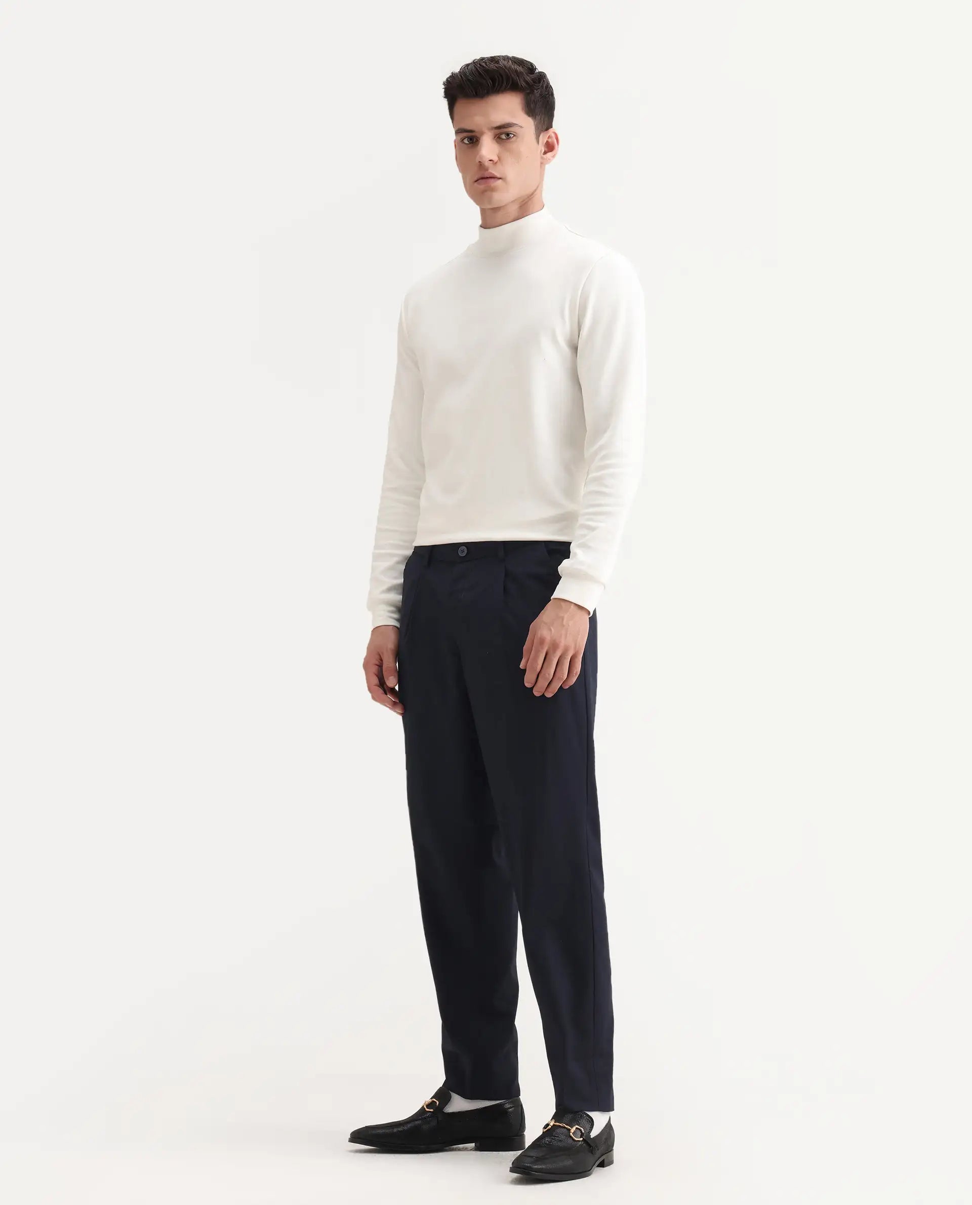 Rare Rabbit Men's Windsor Navy Cotton Plain Relaxed Fit Trouser