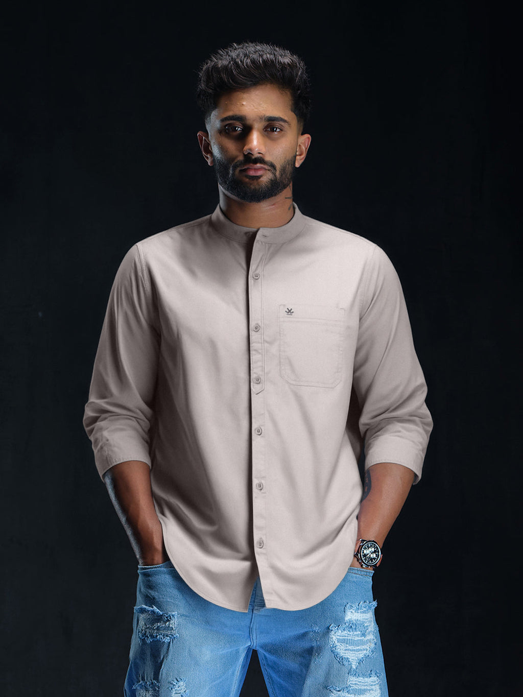Grey Oxford Mandarin Collar Shirt