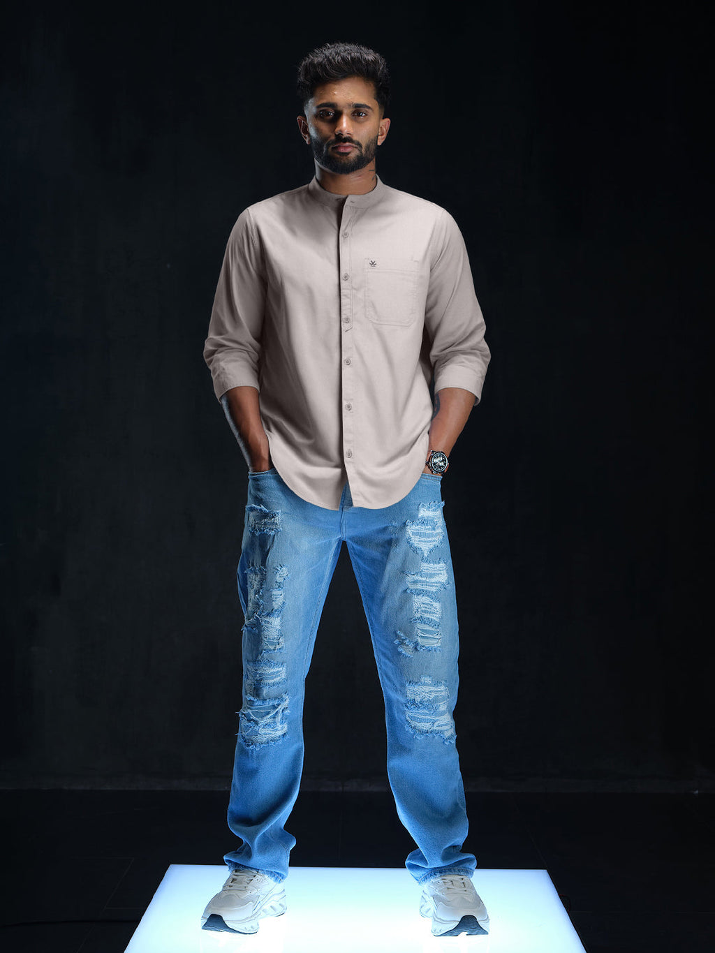 Grey Oxford Mandarin Collar Shirt