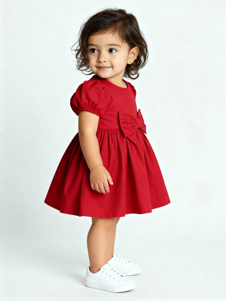 HOP Baby Girls Red Solid Bow-Detailed Cotton Dress