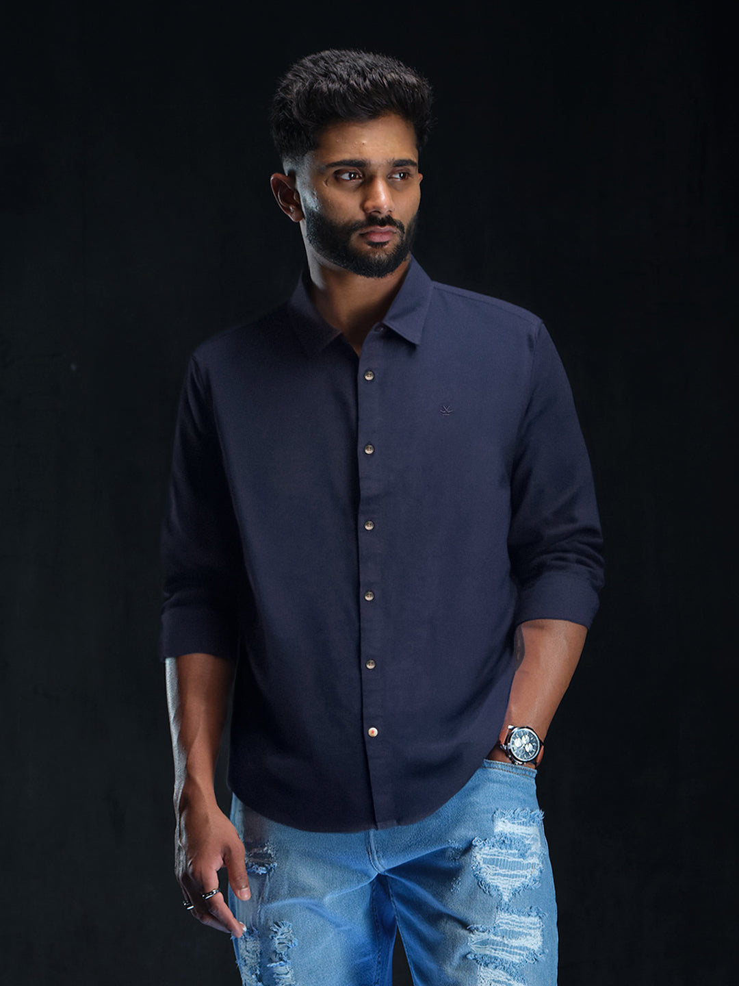 Solid Navy Cotton Linen Shirt