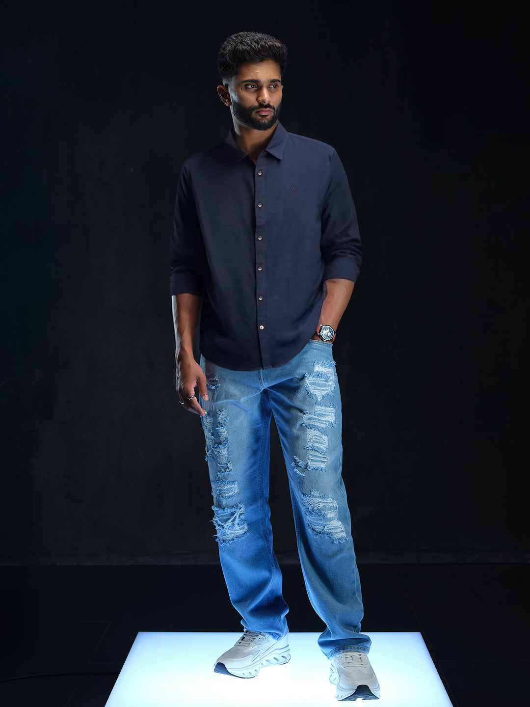 Solid Navy Cotton Linen Shirt