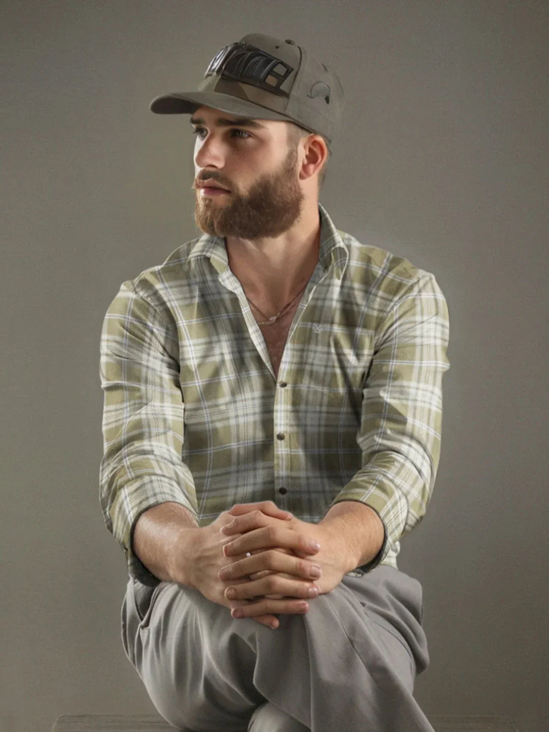 Textured Checks Cotton Shirt | Khaki