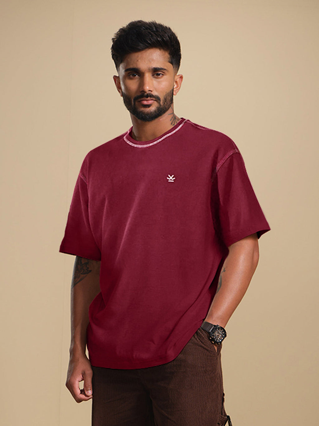 Textured Waffle Knit T-Shirt | Maroon