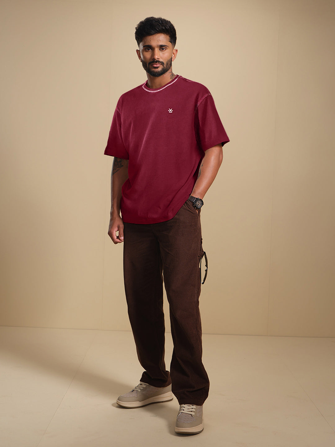 Textured Waffle Knit T-Shirt | Maroon