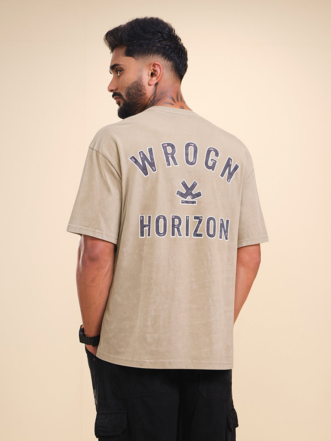 Washed Printed Oversized Fit Pure Cotton T-Shirt | Khaki
