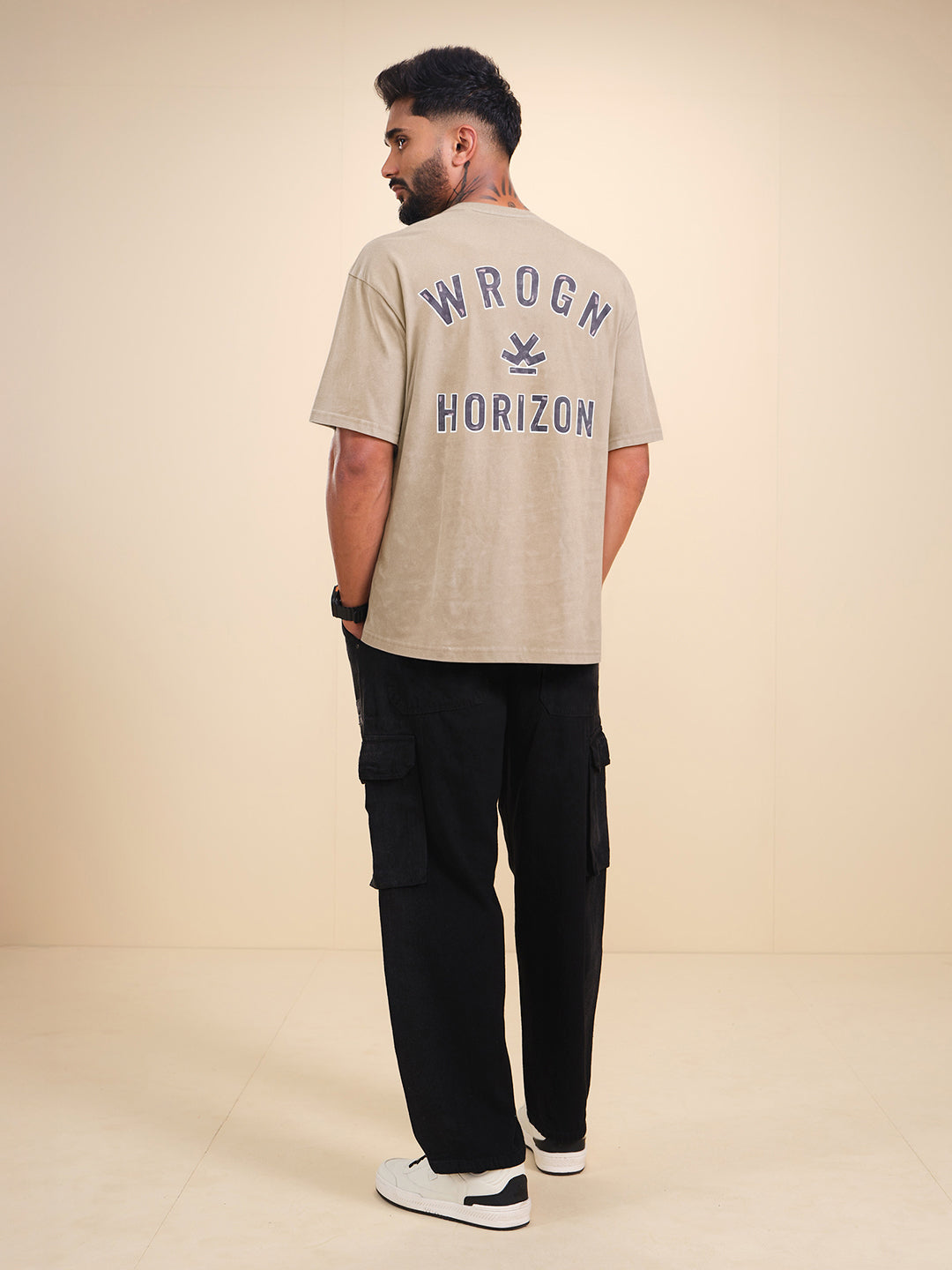 Washed Printed Oversized Fit Pure Cotton T-Shirt | Khaki