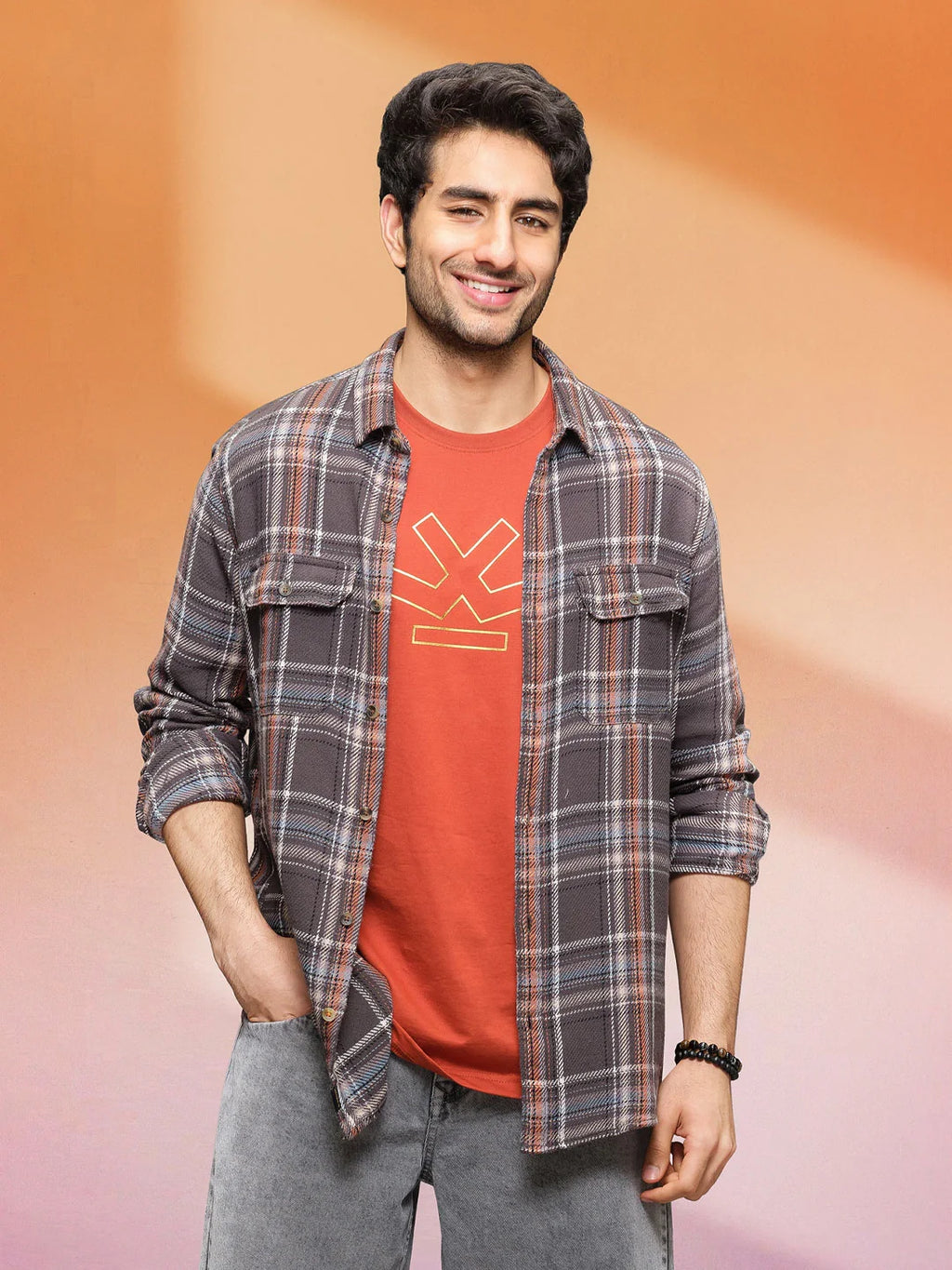 Textured Utility Check Shirt In Slim Fit  | Dark Grey