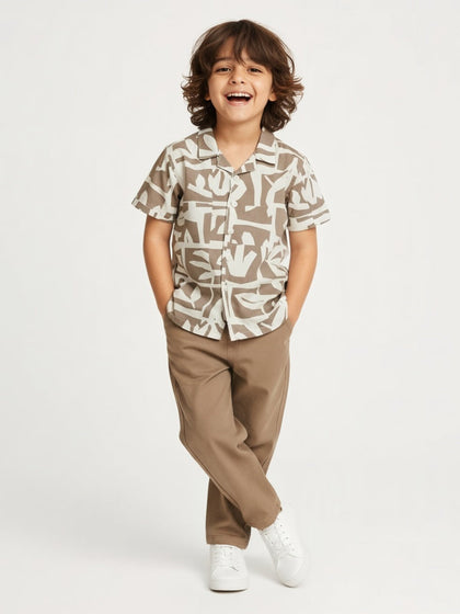 HOP Kids Boys Brown Abstract Printed Resort-Fit Shirt