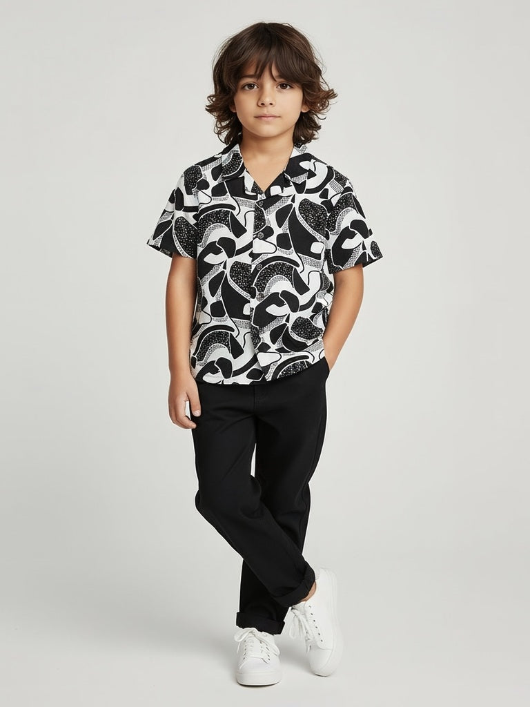 HOP Kids Boys Black and White Abstract Print Resort-Fit Shirt