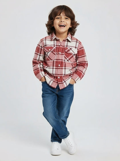 HOP Kids Boys Red Checkered Cotton Shirt