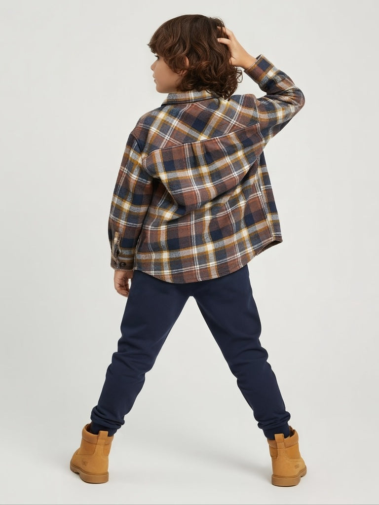 HOP Kids Boys Brown Checkered Cotton Shirt