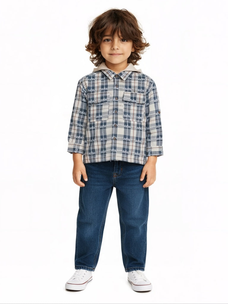 HOP Kids Boys Beige Checks Pattern Hooded Cotton Shirt
