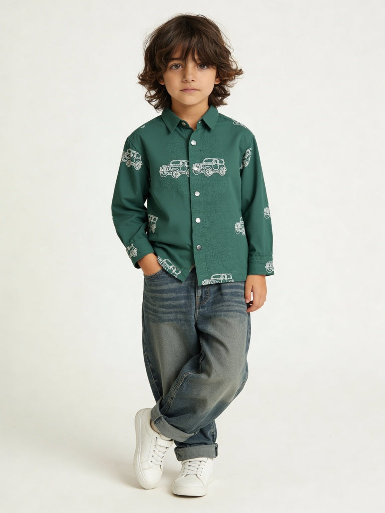 HOP Kids Boys Olive Printed Cotton Shirt