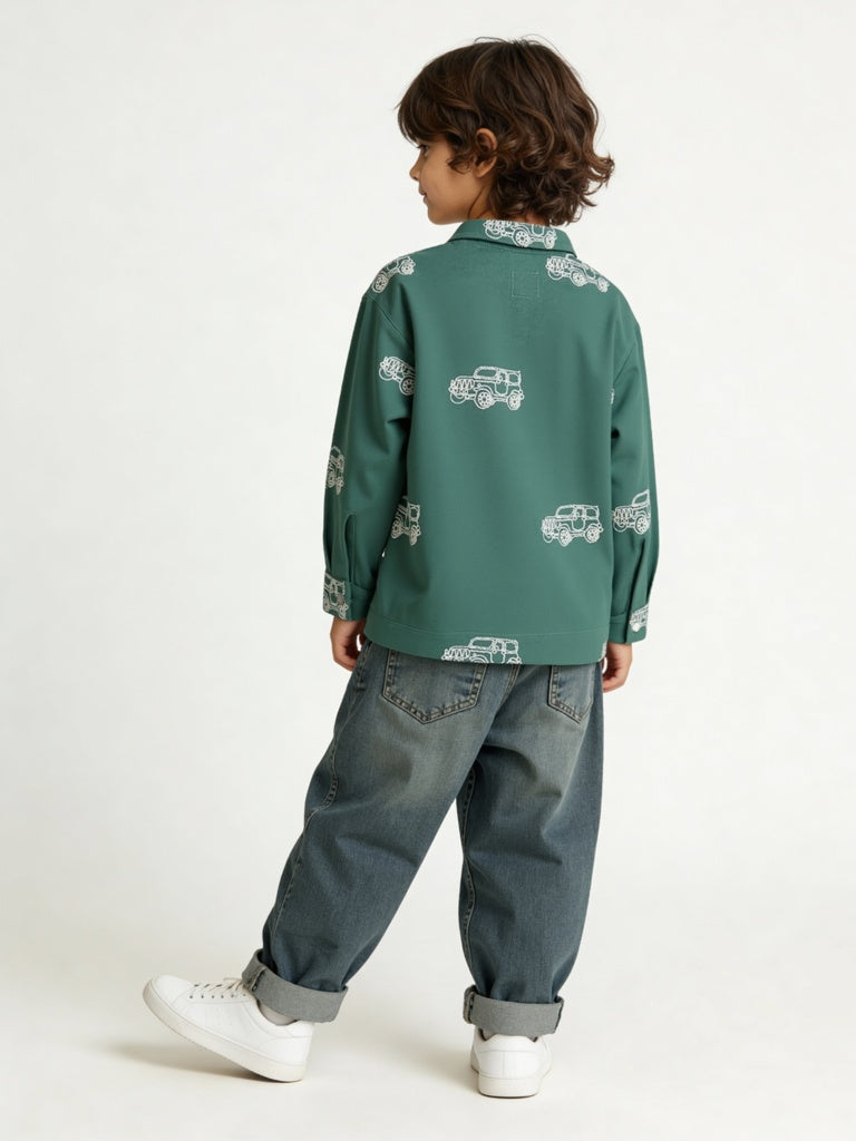 HOP Kids Boys Olive Printed Cotton Shirt