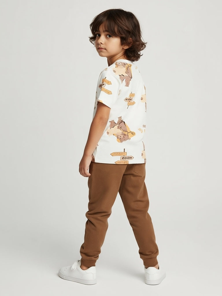 HOP Kids Boys Off-White Animal Printed Cotton T-Shirt
