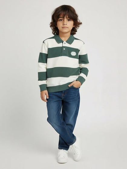 HOP Kids Boys Green Striped Cotton-Blend Polo T-Shirt