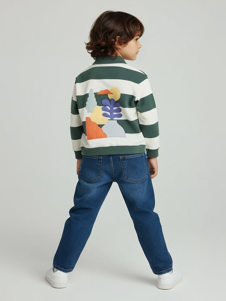HOP Kids Boys Green Striped Cotton-Blend Polo T-Shirt
