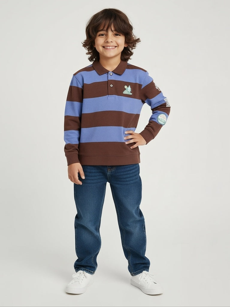 HOP Kids Boys Brown Striped Cotton Polo T-Shirt
