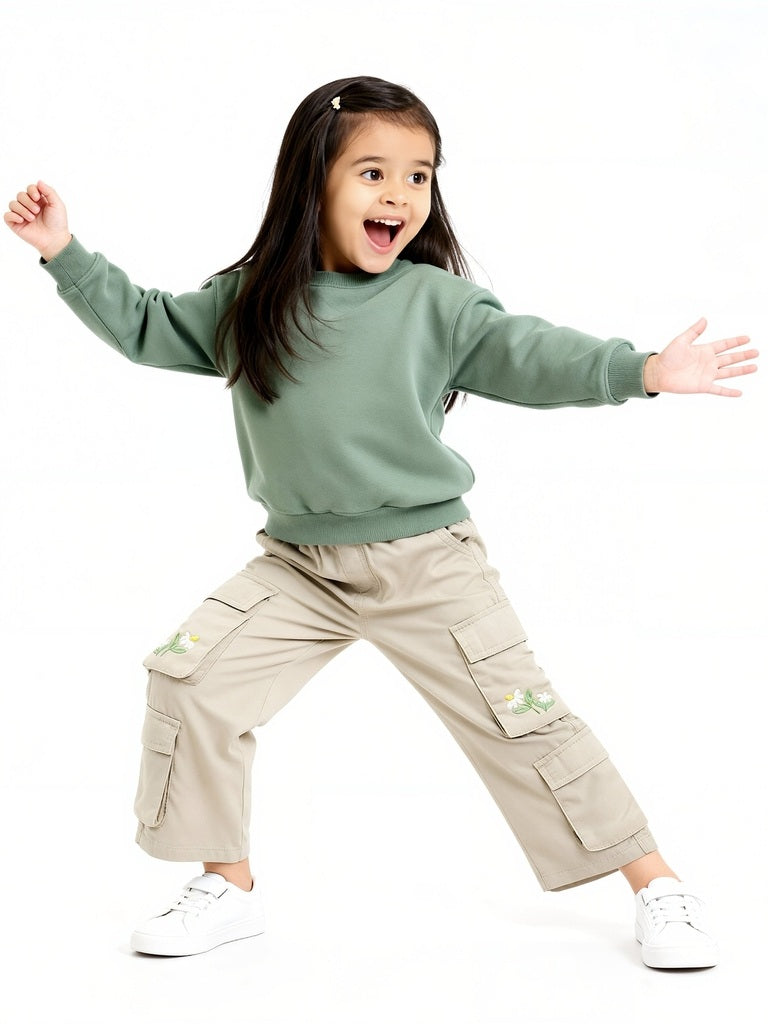 HOP Kids Girls Beige Cargo-Style High-Rise Trousers