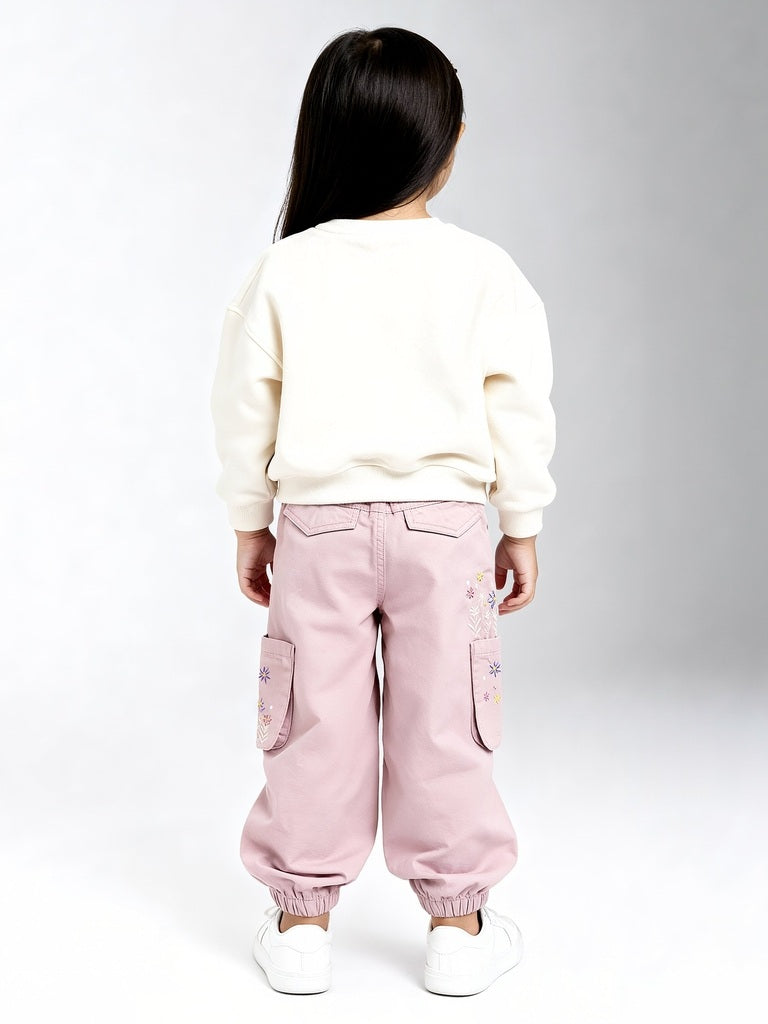 HOP Kids Girls Dusty Pink Floral Embroidered High-Rise Joggers