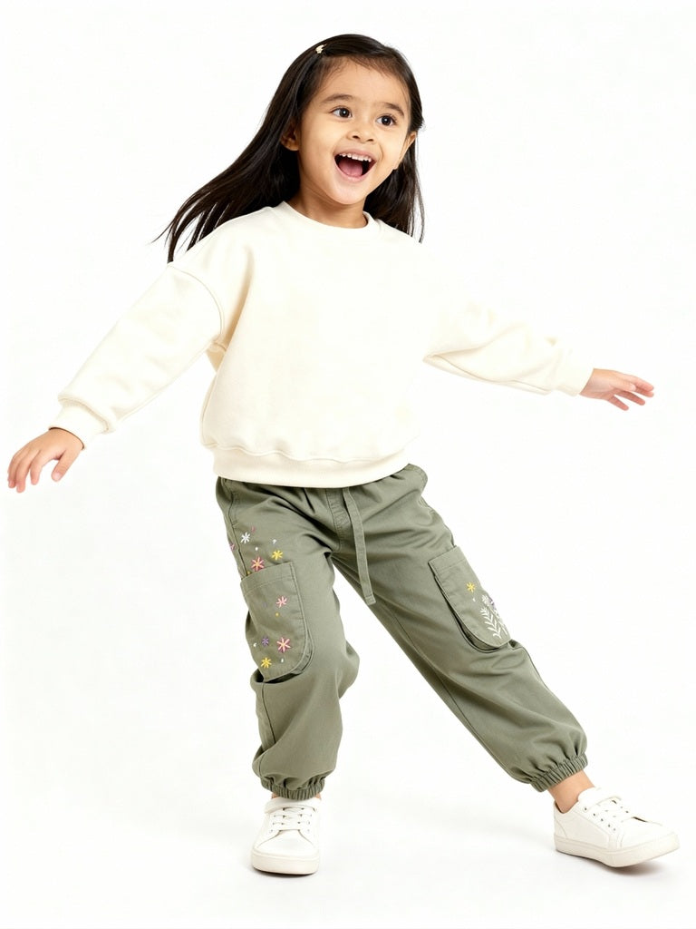 HOP Kids Girls Sage Floral Embroidered Mid-Rise Cotton Joggers