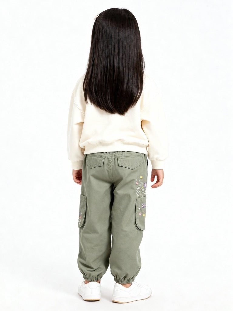 HOP Kids Girls Sage Floral Embroidered Mid-Rise Cotton Joggers