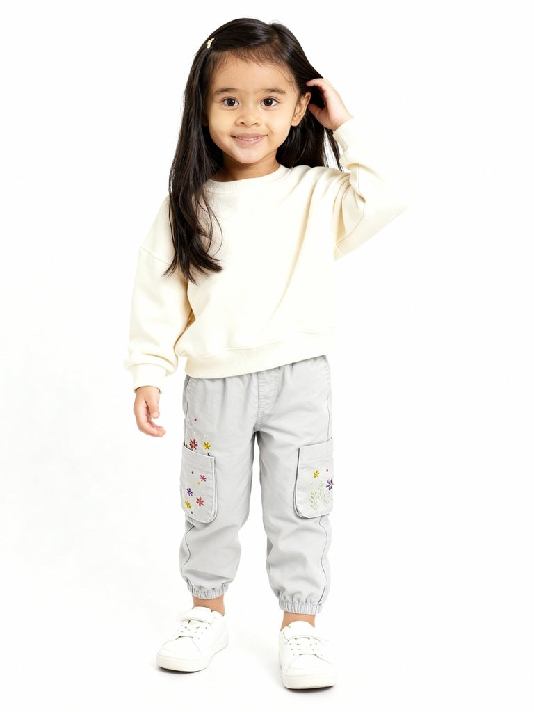 HOP Kids Girls Off-White Embroidered Mid-Rise Cotton Joggers