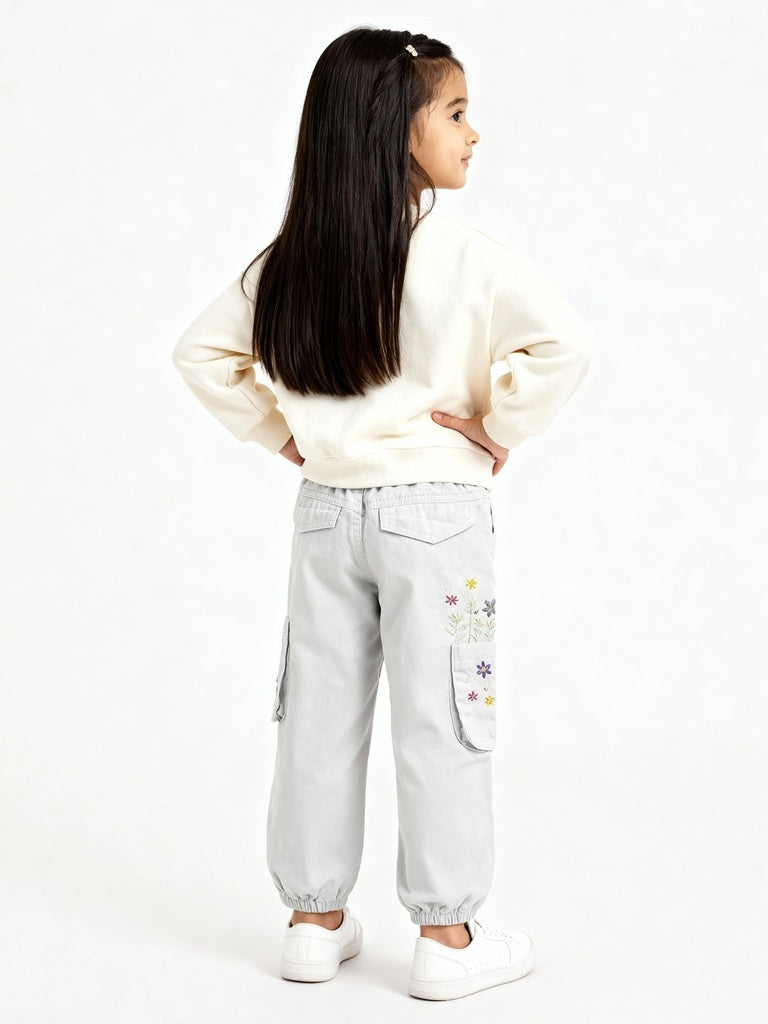 HOP Kids Girls Off-White Embroidered Mid-Rise Cotton Joggers